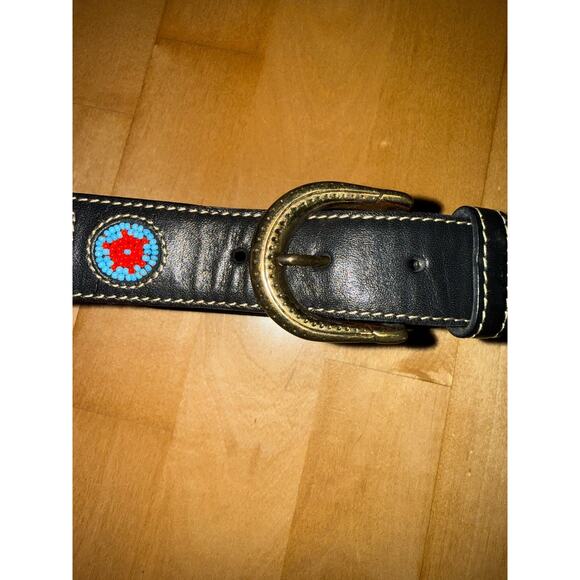 vtg liz claiborne Aztec Beaded Leather Western Belt Dark Brown Black red blue M main image 6